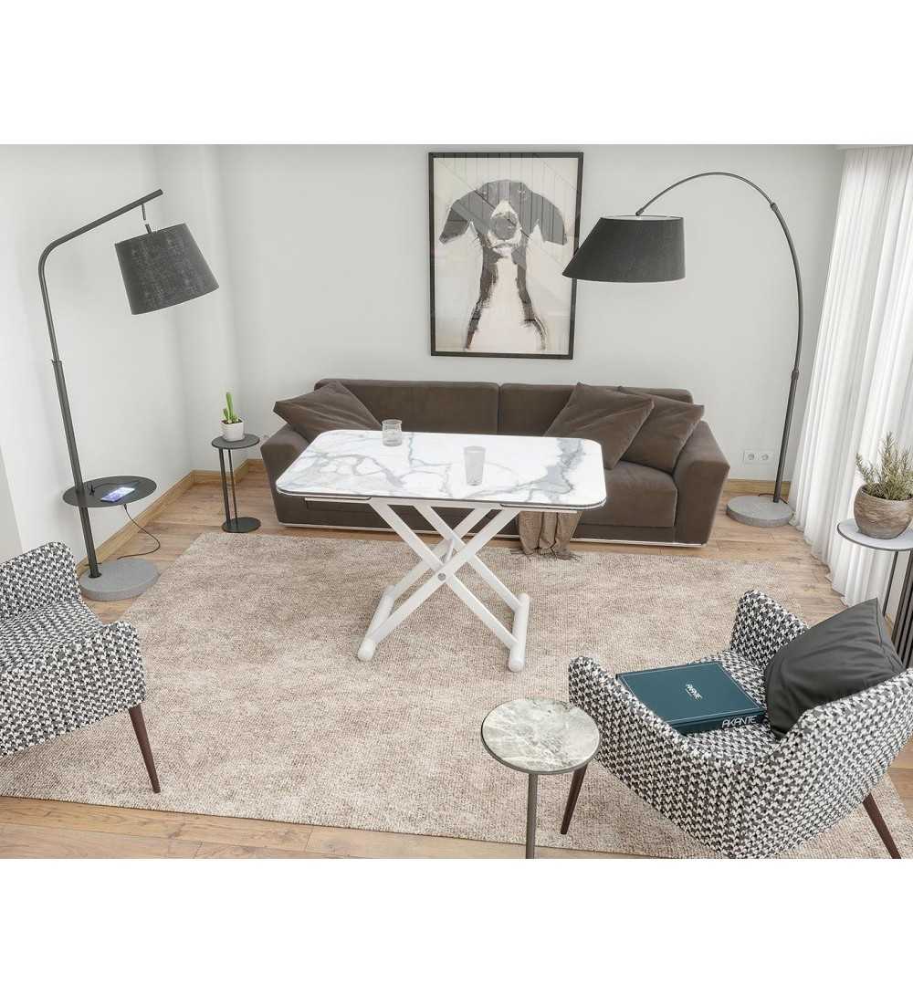 Table basse relevable AKANTE en céramique avec pieds metal blanc mat