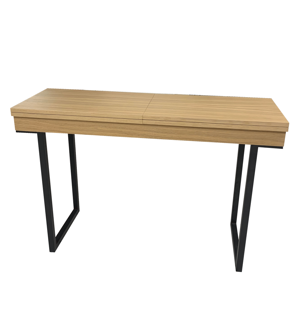 Console extensible présentée en chêne naturel avec pieds metal noir mat style atelier Console extensible présentée en chêne naturel avec pieds metal noir mat style atelier