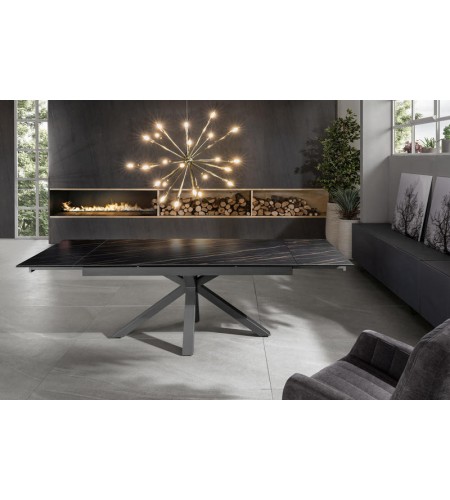 table en céramique plateau marbre noir brillant avec allonges intégrées