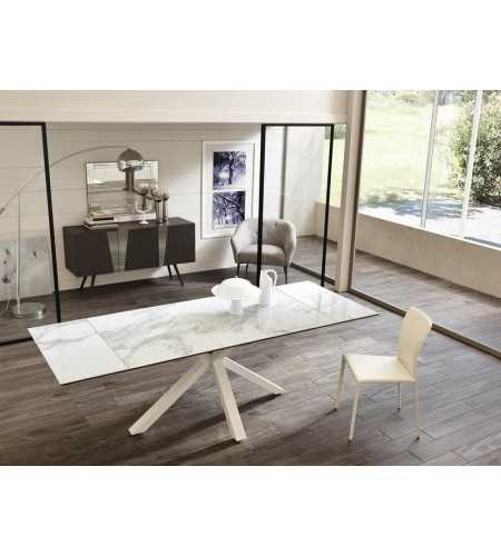 table en céramique marbre blanc brillant  avec allonges incorporées ouverture 240 cm