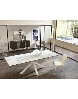table en céramique marbre blanc brillant avec allonges incorporées ouverture 240 cm