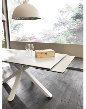 Table Ceramica1 plateau blanc, ouverte, allonge visible