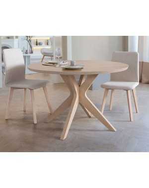 modèle de table ronde extensible Tulipe présenté en version fixe en chêne blanchi