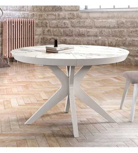 Table ronde extensible diametre 105 cm plateau ceramique Marbre et pieds en laqué blanc