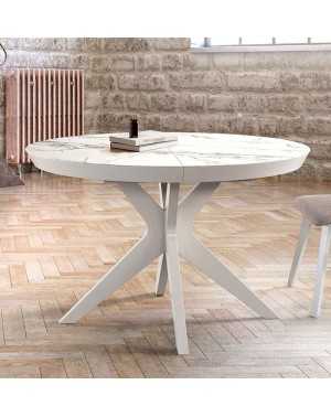 Table ronde extensible diametre 105 cm plateau ceramique Marbre et pieds en laqué blanc